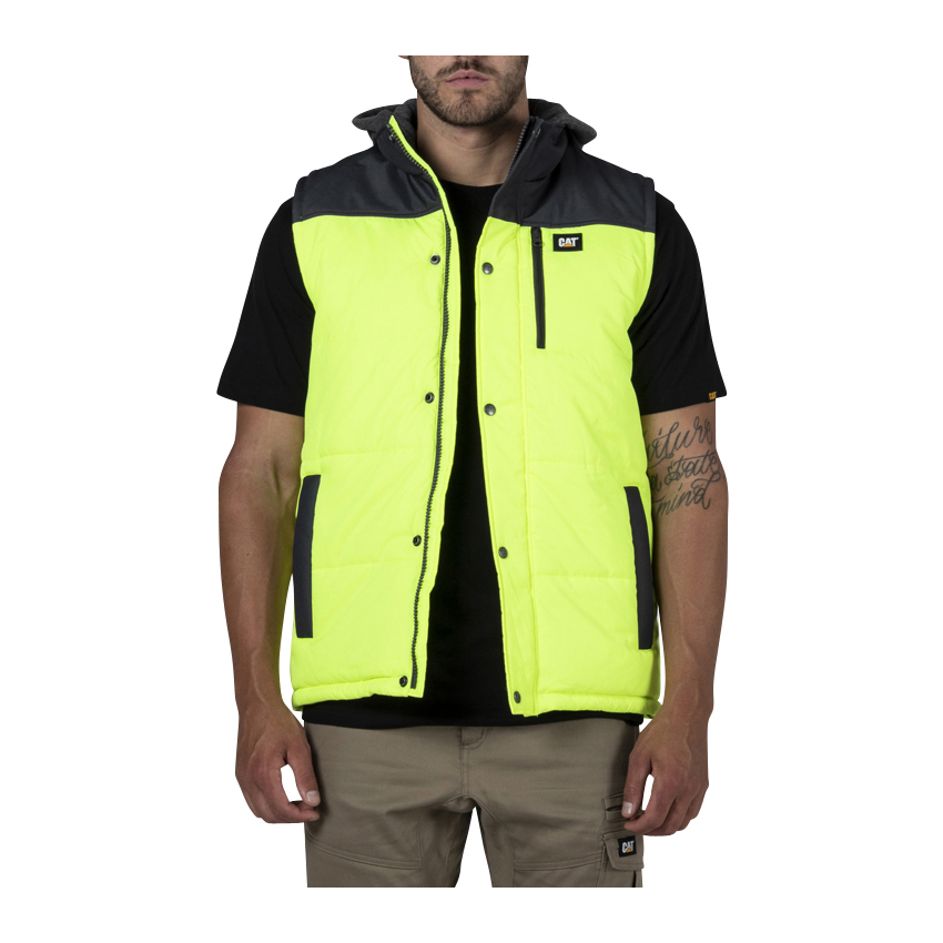 Caterpillar Hi Vis Hooded Work Philippines - Mens Vests - Yellow/Black 23190UQSZ